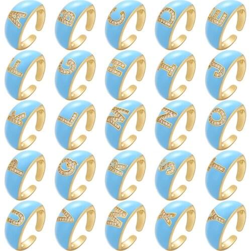 Blue Letter Zircon Enamel Ring For Women, Dripping Oil Metal Width Opening Rings Wedding Jewelry