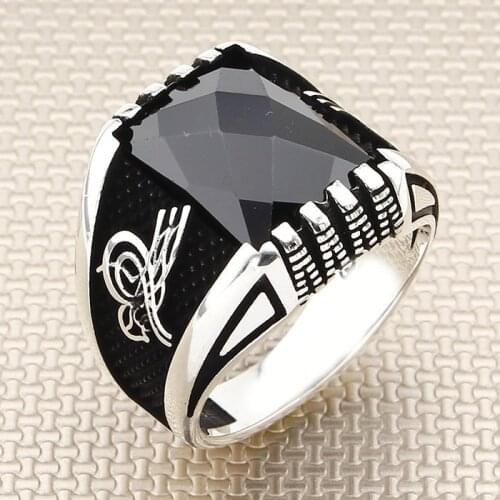 Square Black Zircon Stone Men Silver Ring With Ottoman Tugra Motif Made in Turkey Solid 925 Sterling Silver