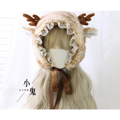 Mori Girl Cute Plush Lace Trim Lace-up Ear Protection Hat Christmas Winter Sweet Antler Deer Printing Elk And Fawn Earmuffs Cap