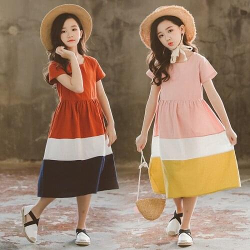 Fashion Design Girls Dress Striped Patchwork Princess Dress Summer Teenage Girl Clothing Cotton Kids Long Dresses RT411