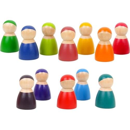 Montessori Set Of 12 Rainbow Friends Peg Dolls Wooden Pretend Play People Figures Baby Toy Environmental Safety Paint