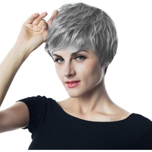 10'' Cool Hairstyling Short Synthetic Wigs Natural Fluffy Layered Cosplay Full Head Wig for Women Gray Black Root