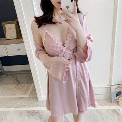 Sexy Pajamas Womens Spring and Summer Slip Nightdress Ice Silk Nightgown Two Piece Suit Long-Sleeved Lace Sexy