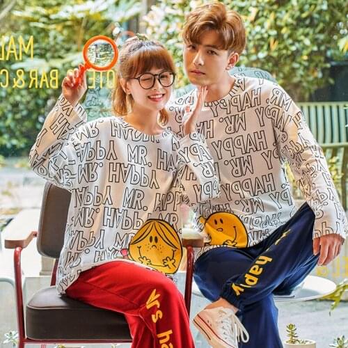 Spring And Autumn Long-sleeved Plus Size Loose Cotton Fresh Leisurewear Suit Men Or Women Pajamas Set