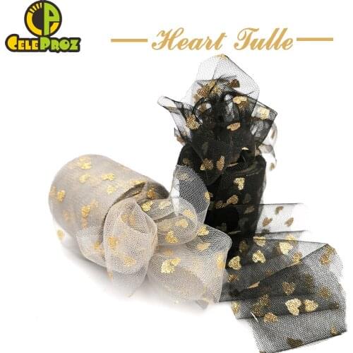 6cm Golden Heart Tulle Glitter Heart Organza Mesh Ribbon DIY Hiar Bow Doll Tutu Skirt Fabric Wedding Birthday Decoration Supply