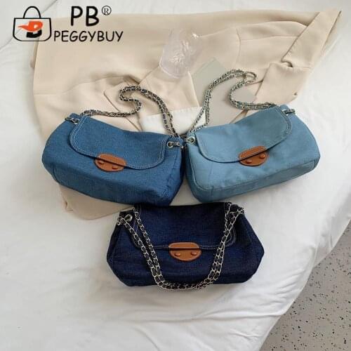 Vintage Women Hit Color Denim Thin Chain Shoulder Crossbody Bag Casual All-match Street Travel Hasp Small Messenger Handbags