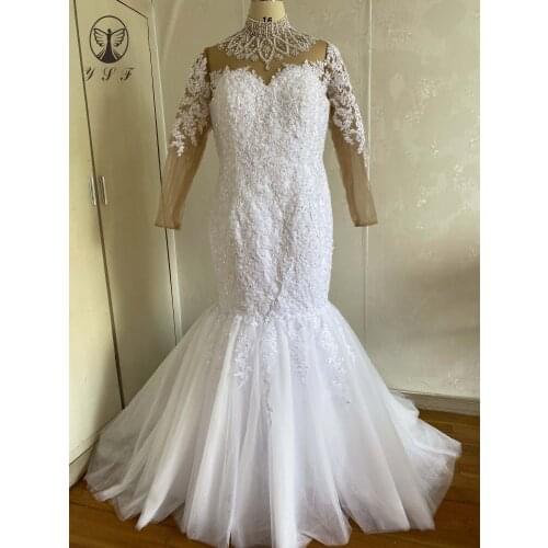 Vintage Robe De Mariee High Collar Beaded Crystals Appliqued Lace Long Sleeve Mermaid Wedding Dresses 2021