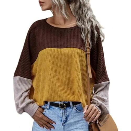 2021 Women Blouse Color Block Waffle Autumn Round Neck Long Sleeve T-shirt Streetwear Oversized Top футболка оверсайз
