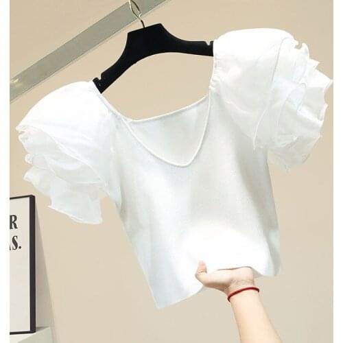 Short Empired Solid Women T-Shirts Summer New Design 2021 Sweet Style Puff Sleeved Slim All Match Female Pulls Tops Tees