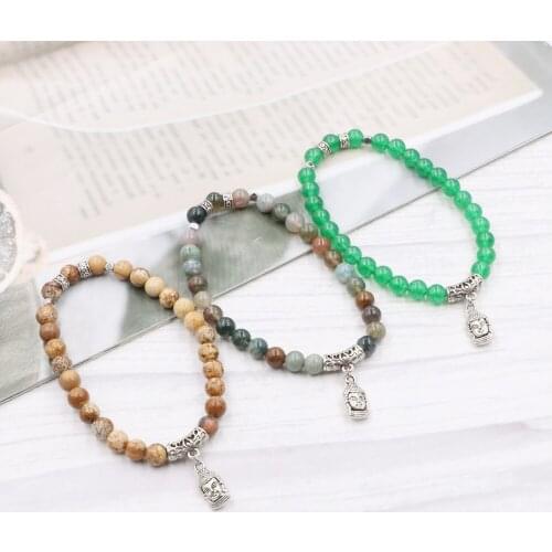 Women Charm Bracelet Natural Agates Picture Jades Opal Watermelone Crystal Beads Bracelets Vintage Buhhda Wristband Jewelry B372