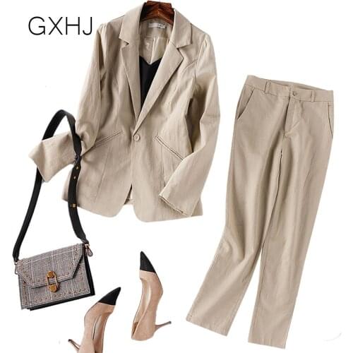 Women office Pant Suit Full Sleeve Blazers Jacket+ Pant Two Pieces Set Linen cotton suit Lady Outfits Work Pants Suits Female