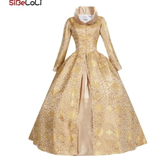 Gold Floral Printed Renaissance Princess Queen Elizabeth Tudor Brocade Gothic Victorian Ball Gown Dress Theatrical Costume
