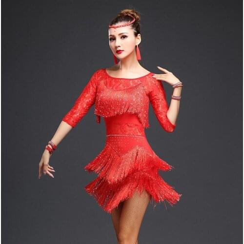 Latin Dance Dress Women Fringe Dress Dress&Earrings Competition/Practice Cha Rumba Samba Salsa Dance Dress Great Gatsby