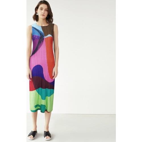 Miyake Pleated Geometric vintage painting dress 2021 women sleeveless summer color motel rocks long Korean fashion dress