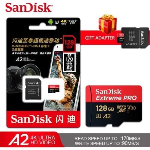 100% Original SanDisk Extreme Pro Micro SD Card Up to 170MB/s 128GB 64GB A2 V30 U3 TF Card 32GB A1 Memory Card With SD Adapter