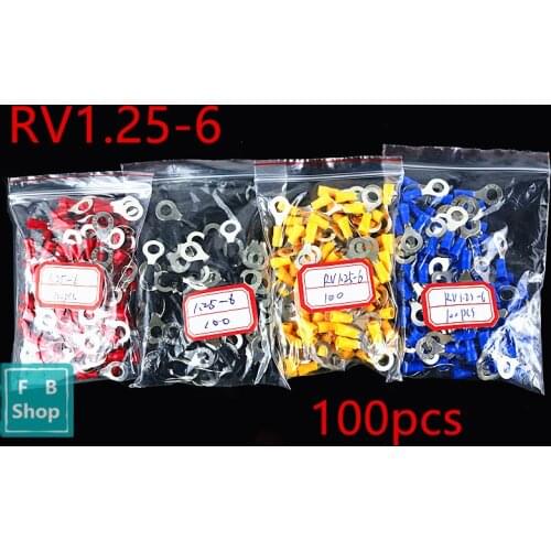 100PCS/Pack RV1.25-6 Red yellow black blue 22-16 AWG 0.5-1.5mm2 Insulated Ring Terminal Cable