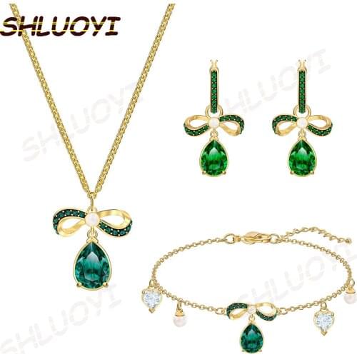 2020 high quality SWA, green bow, water drop perforated Necklace charm fashion jewelry