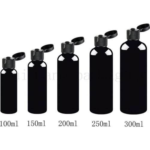 30pc 100ml 150ml 200ml 250ml 300ml empty black refillable cosmetic bottle with black flip top cap plastic container bottle