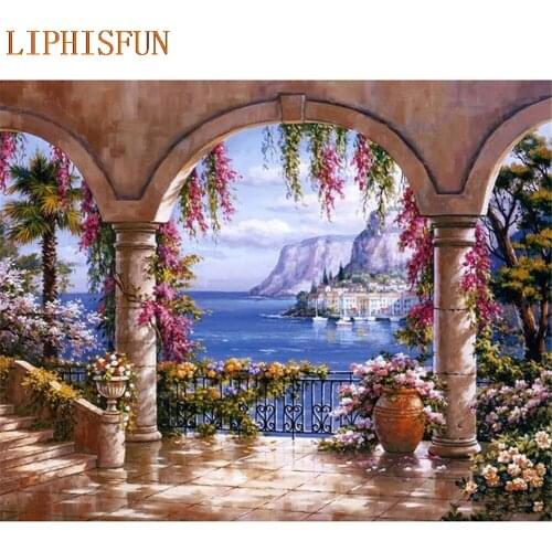 Diamond Painting Cross Stitch Full Square Round Picture of Rhinestone DIY Mosaic Embroidery seaside Town New Year Gift