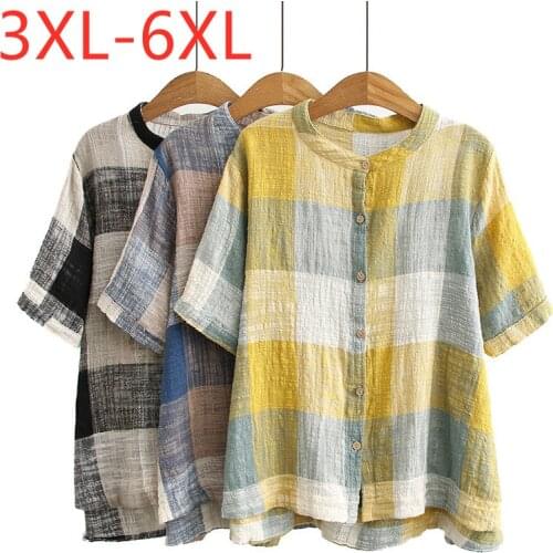 New 2021 Ladies Summer Plus Size Tops For Women Large Blouse Short Sleeve Loose Casual Button Cotton Plaid Shirt 3XL 4XL 5XL 6XL