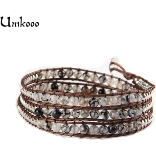 Mix Natural Stone Beads Wrap Bracelet Handmade Strand Black Imitation 4 Wrap Leather & Wax cord Bracelet Dropshipping