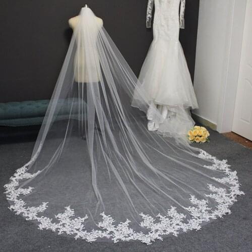 Long Lace Appliques Wedding Veil with Comb 3 Meters Cathedral Bridal Veil One Layer White Ivory Veil Wedding Accesories