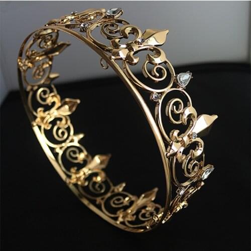 Baroque Vintage Royal Full Round King Crown Gold Metal Crowns And Tiaras For Men Prom King Party Costume Accessories Head Piece