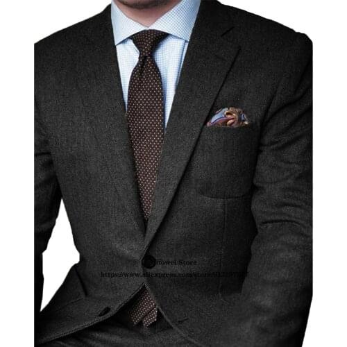 Mens Slim Suits Black Wool Herringbone Tweed Casual 2 Piece Sets Wedding Groom Tuxedo Male Formal Business Blazer (Jacket+Pants)