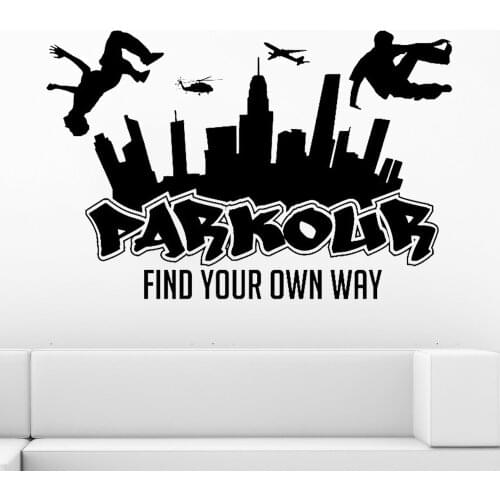 PARKOUR City Silhouette Wall Decals Boys Free Running Jumping Urban Style Skate Graffiti art Wall Sticker Find your Own Way Z250