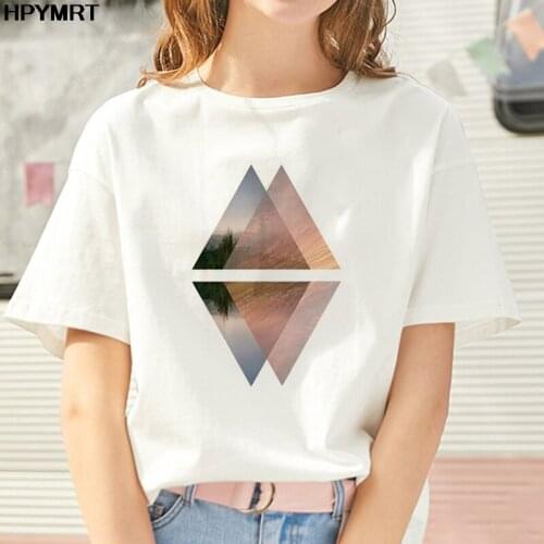 New Geometric figure printed t shirt Women Clothes White TShirt Harajuku Fashion landscape T-shirt Leisure Female tops clothing