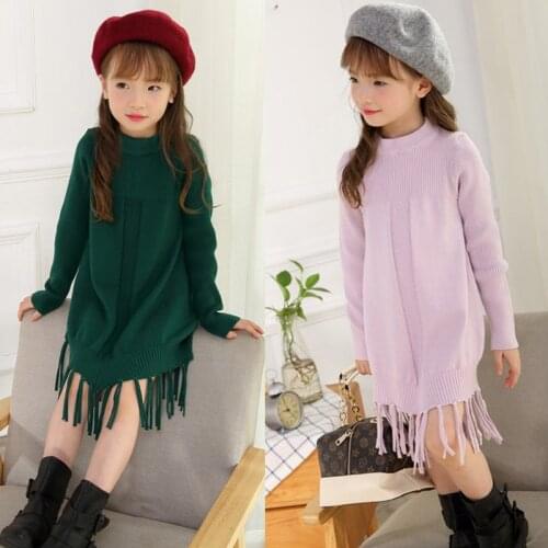 New Girls Knitted Dress Long Sleeve Sweater Pullover Dress Solid Colors Teenage Kids Girls Dress RT308