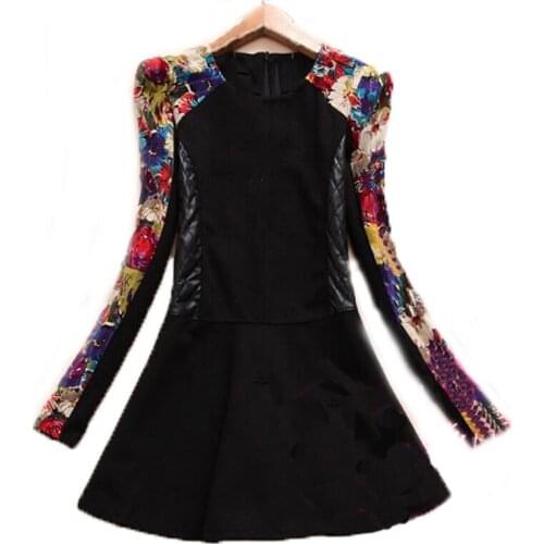 New autumn winter fashion ladies patchwork leather stitching round neck woolen one-piece women tops