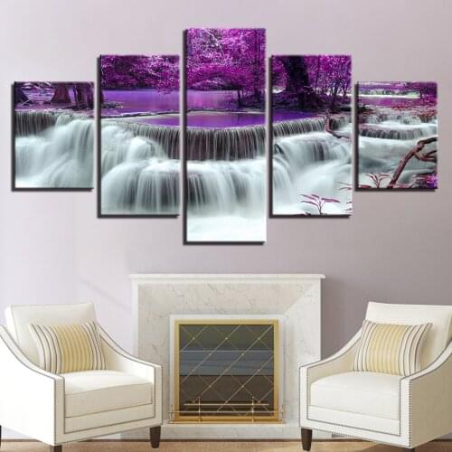 Canvas Prints Poster Living Room Decor Painting Framework 5 Pieces Purple Forest Tree Lake Waterfall Landscape Pictures Wall Art