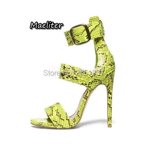 Big Buckle Decor Python Print Sexy Women Sandals High Heels Stiletto Open Toe Women Pumps Summer Ladies Party Shoes Woman