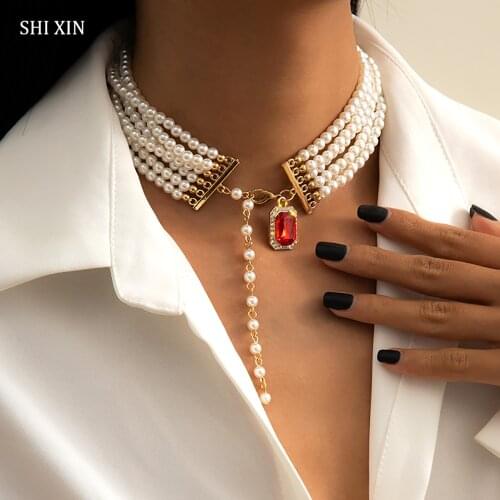 SHIXIN Layered Wide Pearl Choker Collar Necklace for Women Fashion Pearls Wedding Jewelry Crystal Pendant Necklaces Collier 2021