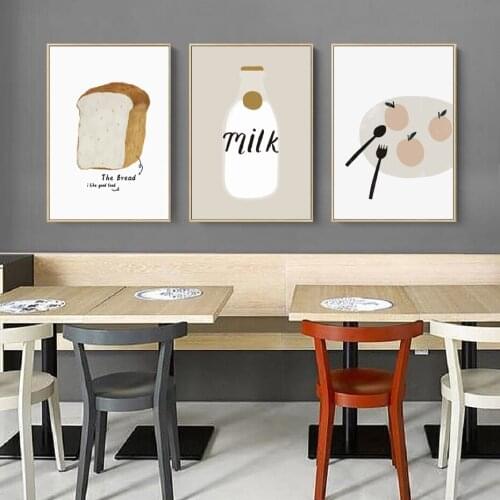 Nordic Minimalism Hand-painted Breakfast Bread Milk Ins Cartoon Style Poster Decoration Painting Childrens Room Kitchen Art Dec