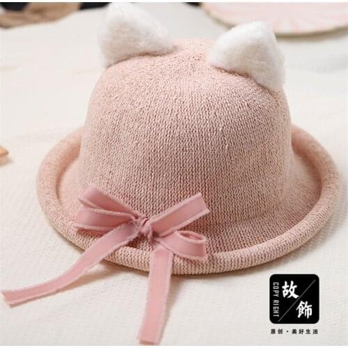 LOLITA Hat Lolita Pink Bowknot Curved Cat Ears Straw Hat Sweet Love Headwaer H