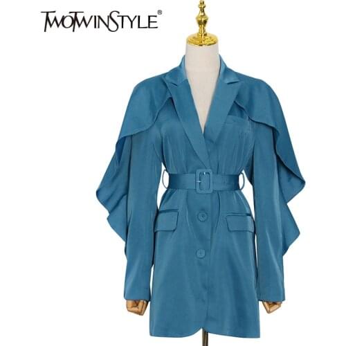 TWOTWINSTYLE Blue Blazers For Women Notched Ruffled Sleeve Ruched High Waist Sashes Elegant Coats Female 2021 Spring Clothes New
