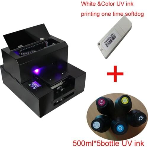 The best afforable A4 size UV printer with 500ml*5 per set UV ink and RIP software support white &Color ink printing one time