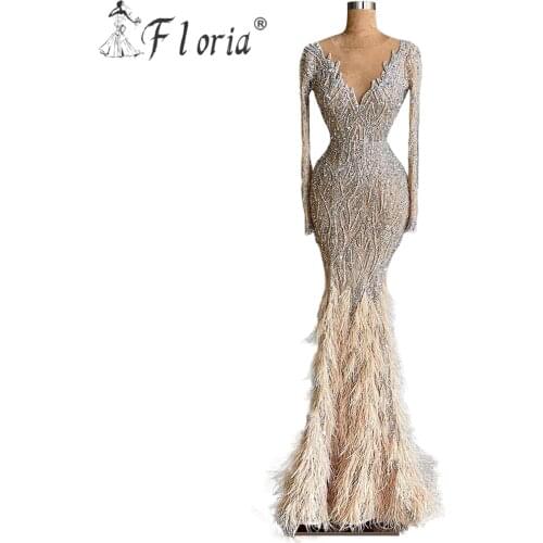 Party Dress Women Sexy V-Neck Evening Dresses Long Sleeves with Heavy Handmade Bead Feather Banquet Floor-Length Vestidos