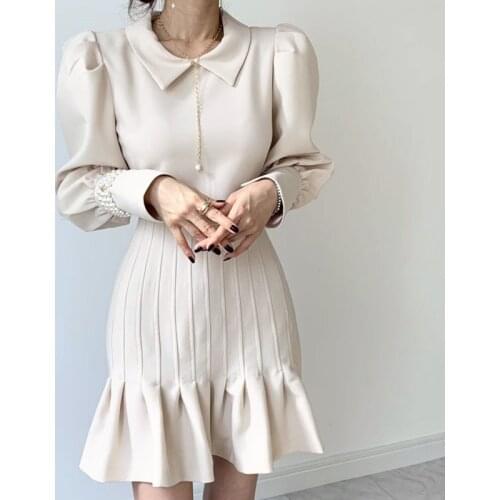 Vintage OL Puff Sleeve Sweet Solid Women Dress Korean Autumn Peter Pan Collar Trumpet Dresses Elegant Autumn Mermaid Vestidos