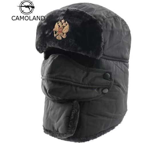 CAMOLAND Waterproof Snow Skiing Caps Bomber Hat Men Soviet Badge Russia Ushanka Hat Thermal Faux Fur Earflap Cap