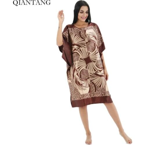 Plus Size Fashion Female Robe Bath Gown Printed Design Blue Womens Faux Silk Nightdress Summer Nightgown Pijama Muje TB12A