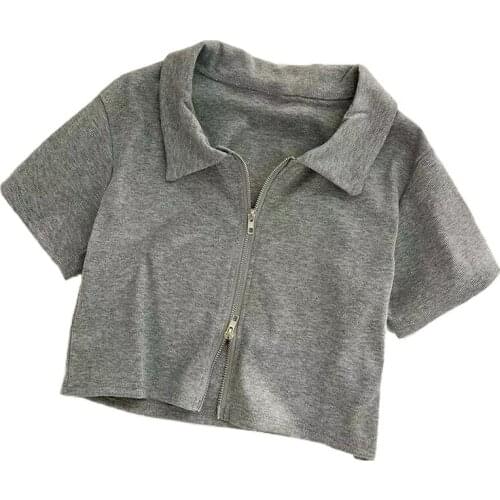 Women Spring Autumn Zipper Up T-shirt Ribbed Crop Tops Sexy Open Stitch Knitted Tunic Stylish Tee Solid Slim T Shirts Notched