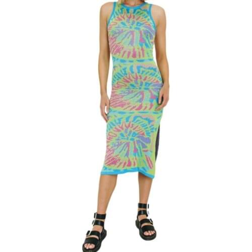 Women Summer Knit Dress Adults Sleeveless Color Block Round Neck Slit