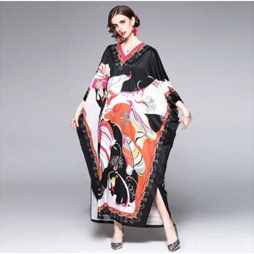 Summer Fashion Oversized Irregular Long Dresses For Women Bohemian V Neck Batwing Sleeve Print Casual Chiffon Loose Maxi Dress