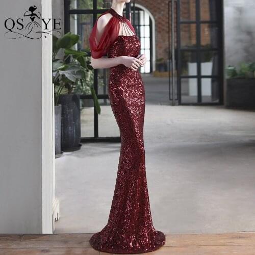 Burgundy Evening Dresses Mermaid Long Prom Gown Glitter Sequin Party Dress Halter Neck Formal Gown Sparkle Beadings Women Dress