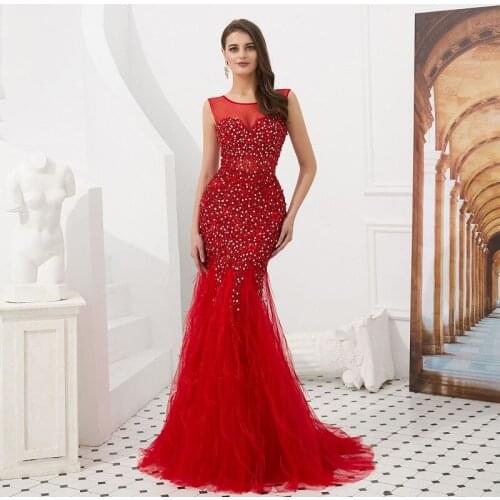 Mermaid Evening dress 2019 manual beaded red diamond Dubai Women special accasion dress Beauty Pageant Dress vestido de noiva