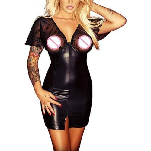 2018 Women PU Faux Leather Bandage Tight-fitting Mesh Dress Sexy Slim Nightclubs Party Dress Sexy Clubwear Erotic Costume