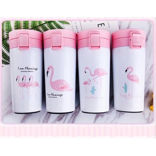 380ml Flamingo Vacuum Flask Stainless Steel Water bottle Wide Mouth Bounce Lid Seal Bottom Thermoses Women Lovely Drinkware